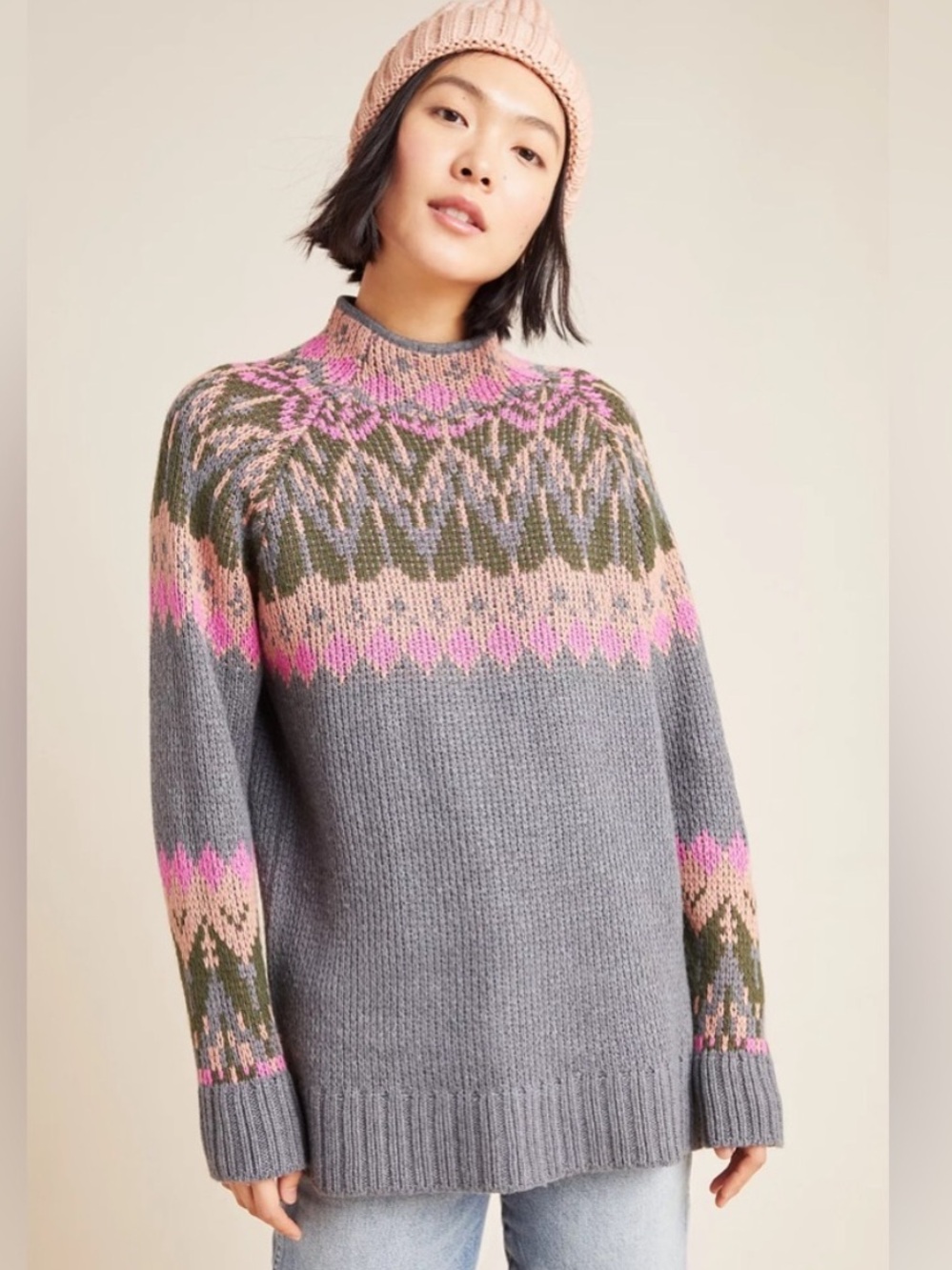 Anthropologie Jospehine Wool Mock Neck Gray Fair Isle Blend Sweater Small